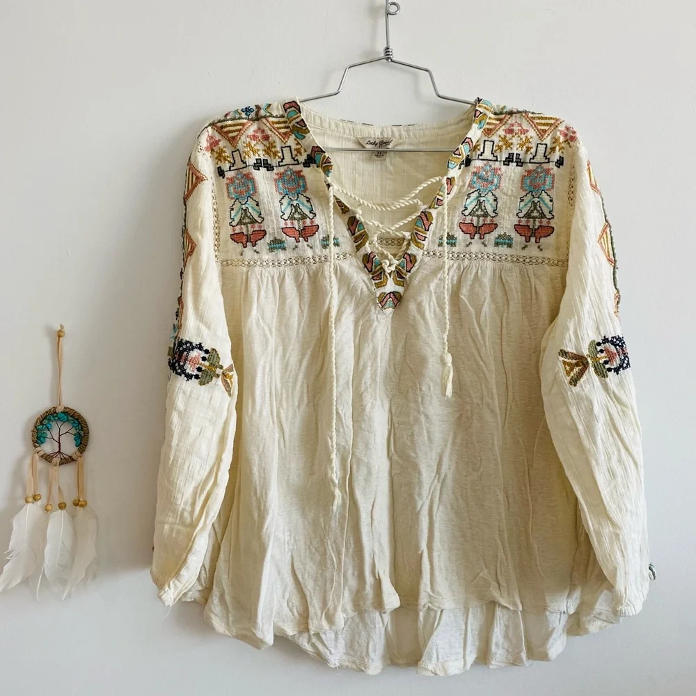 Lucky Brand Boho Lace-Up Embroidered Blouse Size XL - Picture 2 of 8